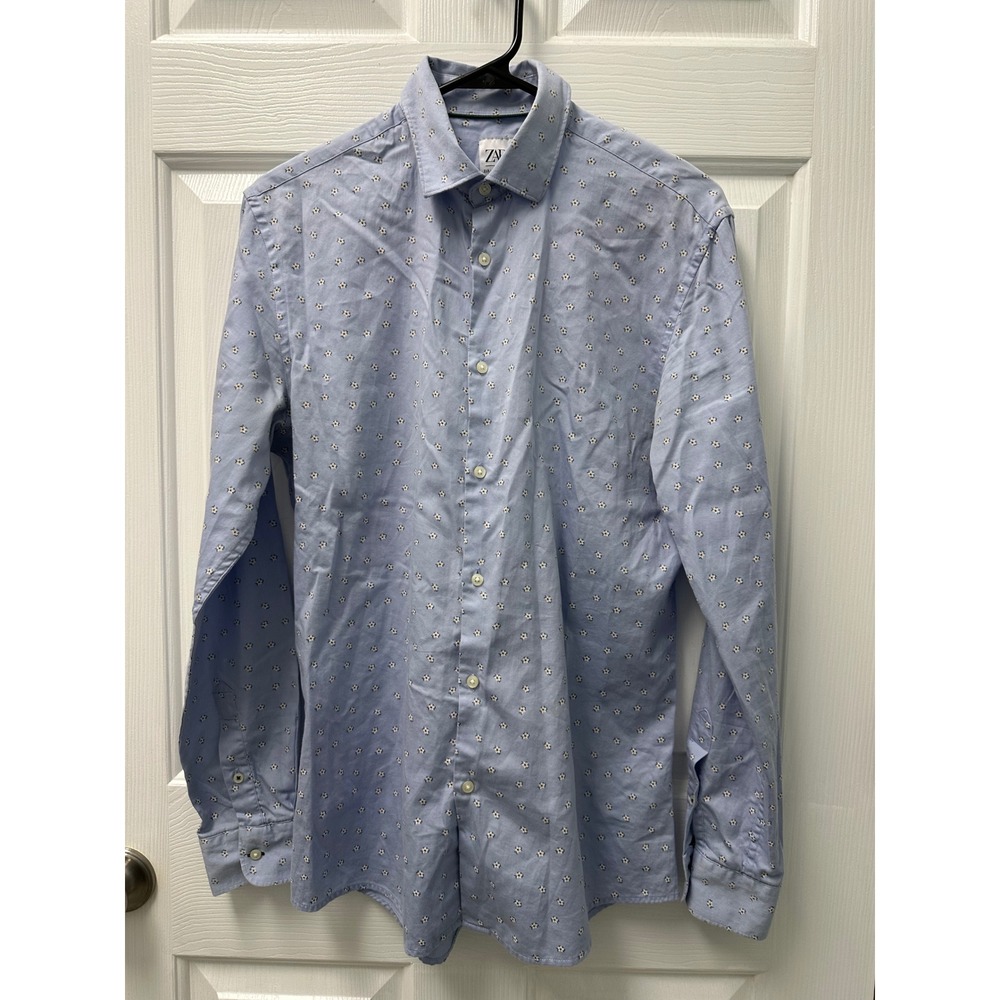 Zara Mens Slim Fit Button Up Shirt Blue with Floral All Over Print Stained READ